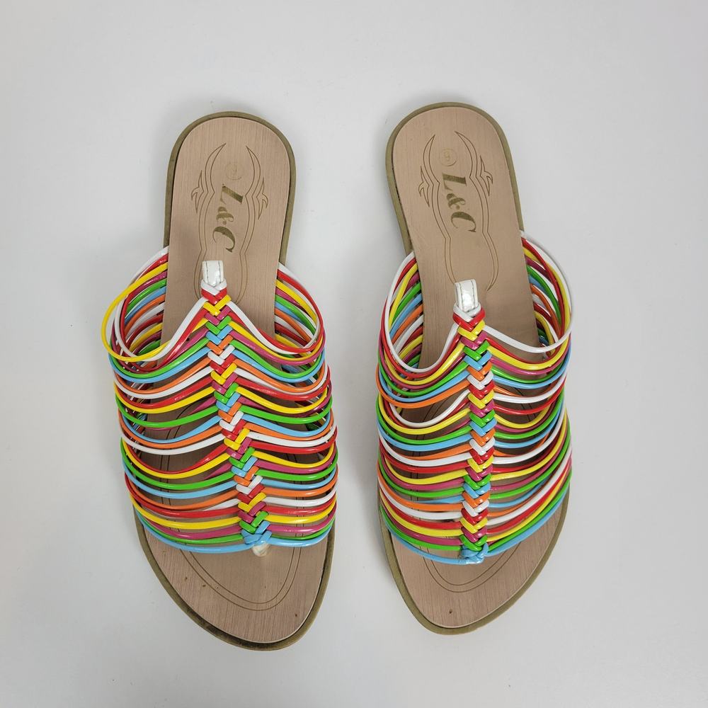 L&C Women's Slipper 6 Brown Multicolor Leather Band Strap Slip-On Flat Sandals